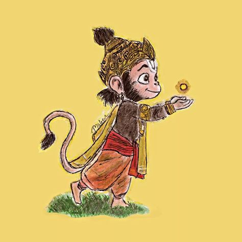 With playful innocence, Bal Hanuman holds the sun in his tiny hands, showcasing his immense strength and boundless curiosity. ✨ 🙏 #hanuman #bajrangbali #jaishreeram #painting #art #theartslices Ram And Hanuman Art, Bajrang Bali Dp, Cute Hanuman Ji Wallpapers, Cute Hanuman Drawing, Cute Hanuman Ji, Hanuman Illustration, Hanuman Painting, Hanuman Art, Hanuman Dada