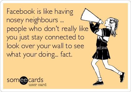 Facebook is like having nosey neighbours ... people who don't really like you just stay connected to look over your wall to see what your doing. Nosey People Quotes, Nosey People, Nosey Neighbors, Funny Ecards, Facebook Quotes, Facebook Humor, E Card, Ecards Funny, People Quotes