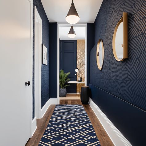 Navy And White Hallway Ideas, Hallway Blue Walls, Narrow Hallway Remodel, Navy Hallway Ideas, Small Narrow Hallway, Small Narrow Hallway Ideas, Navy Blue Hallway, Blue Hallway Ideas, Tiny Hallway Ideas