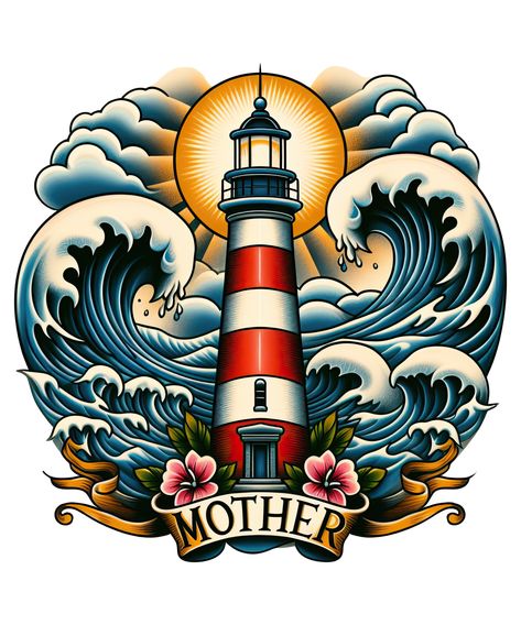 This neotraditional tattoo design captures the essence of love and care, combining classic elements with a modern flair. A beautiful tribute for Mother's Day. Neo Traditional Lighthouse Tattoo, Traditional Modern Tattoo, Neotraditional Tattoo Design, Traditional Lighthouse Tattoo, Neo Tattoo, Sailor Tattoos, Anchor Tattoo Design, Verse Tattoos, Neotraditional Tattoo