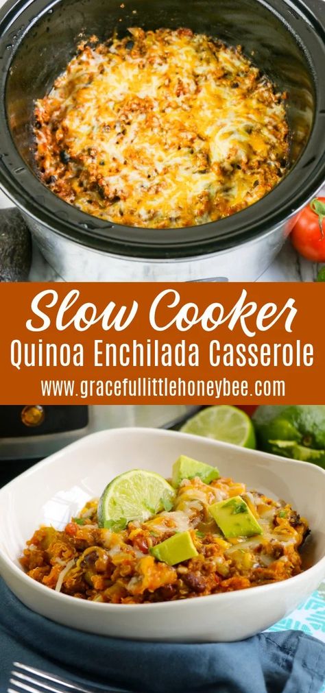 Organic Crockpot Meals, Beef Crockpot Recipes Healthy, Quinoa Enchilada Casserole, Quinoa Enchilada, Slow Cooker Quinoa, Ground Beef Crockpot Recipes, Slow Cooker Ground Beef, Slow Cooker Enchiladas, Slow Cooker Casserole