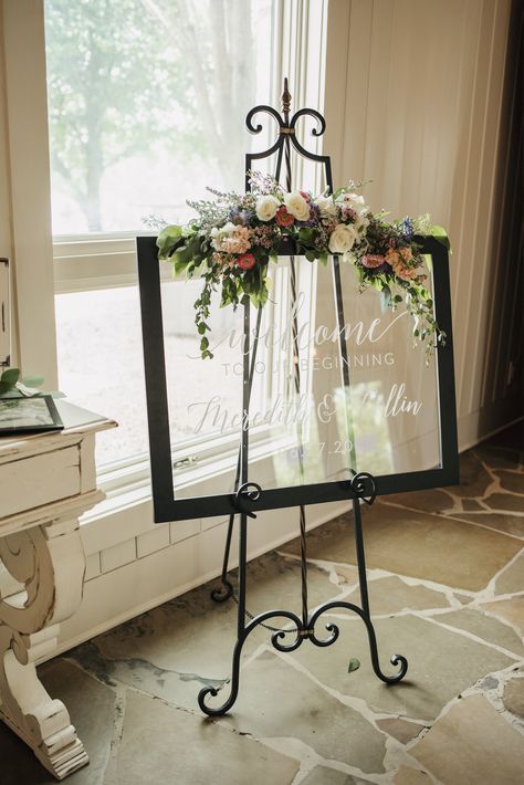 Swag from The Rose Shop Kerrville, Letters for Glass Frame from Etsy Succulent Business, Flower Swag, Wedding Swag, Bridal Table, Floral Swag, Rose Shop, Glass Frame, Wildflower Wedding, Wedding Welcome Signs