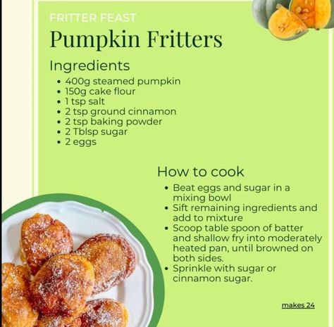 Butternut Fritters Recipe, Pumpkin Fritters South African, Pumpkin Fritters Recipe, Popeyes Spicy Chicken Recipe, Pumpkin Bake, Pumpkin Fritters, Sweet Potato Fritters, Easy Puddings, Spicy Chicken Recipes