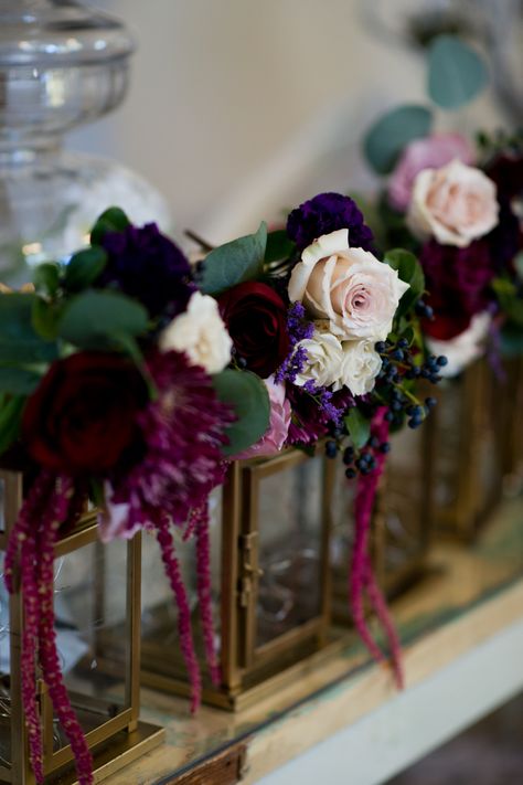 Fall florals. Burgundy and plum florals with eucalyptus leaves on bridesmaids' lanterns | Green Gables Wedding Estate Bridesmaid Lanterns, Green Gables Wedding Estate, Green Gables Wedding, Lanterns Wedding, Wedding Estate, Fall Florals, Wedding Lanterns, Eucalyptus Leaves, Green Gables