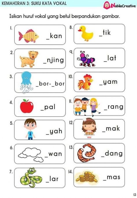 Huruf Vokal online worksheet for prasekolah. You can do the exercises online or download the worksheet as pdf. School Kids Activities, Preschool Activities Printable, Free Printable Puzzles, Kindergarten Reading Activities, Kindergarten Coloring Pages, Kids Schedule, Preschool Writing, Bahasa Melayu, Kindergarten Learning