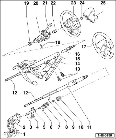 Volkswagen Workshop Manuals > Golf Mk3 > Running gear > Steering > Assembly overview - steering column, column tube, steering wheel and airbag steering wheel Golf Mk3, Golf Mk1, Running Gear, Steering Column, Repair Manuals, Vw Golf, Volkswagen Golf, Steering Wheel, Volkswagen