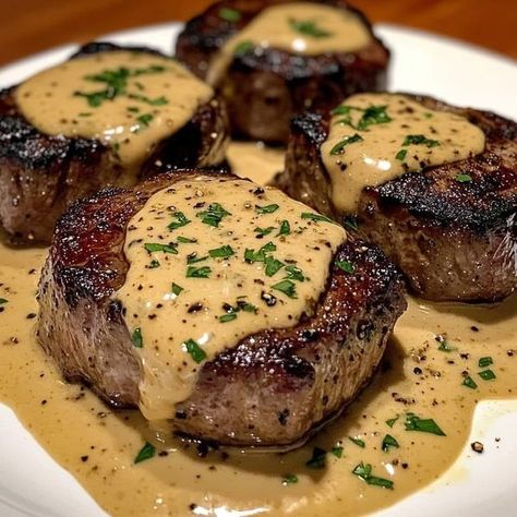 Bobby Flay Recipes 🥪🍖🍕 | Filet mignon with creamy sauce with parmesan and mustard 🥩❤️😋 | Facebook Filet Mignon With Creamy Parmesan Mustard Sauce, Filet Mignon Medallion Recipes, Filet Medallions, Filet Mignon Recipes Grilled, Gourmet Entrees, Good Steak Recipes, Bobby Flay Recipes