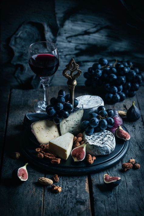 A dark, elegant cheese board set on a rustic wooden table with moody lighting, featuring various cheeses, grapes, figs, nuts, and a glass of red wine. Gothic aesthetic with shadows and rich textures. Academia Food, Cheese Board Aesthetic, Dark Academia Food, Cheese Board Ideas, Board Aesthetic, Board Ideas, Rich Textures, Dark Academia, Cheese Board