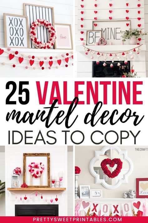 valentine mantel decor Valentine Mantle Decor, Black Mantle Fireplace, Valentines Day Tablescapes, Valentine Mantel, Black Mantle, Mantle Fireplace, Mantel Decor Ideas, Valentine Garland, Valentine's Day Decorations