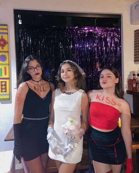 Trio Halloween Costumes Women Kiss Marry Kill, Kiss Outfit Halloween, Hallowen Costume Ideas For Trios, Kill Outfit Halloween, Halloween Costumes Ideas For Trio, Kiss Marry Kill Outfits, Miss Marry Kill Costume, Trio Outfit Ideas Halloween, 3 Trio Halloween Costumes