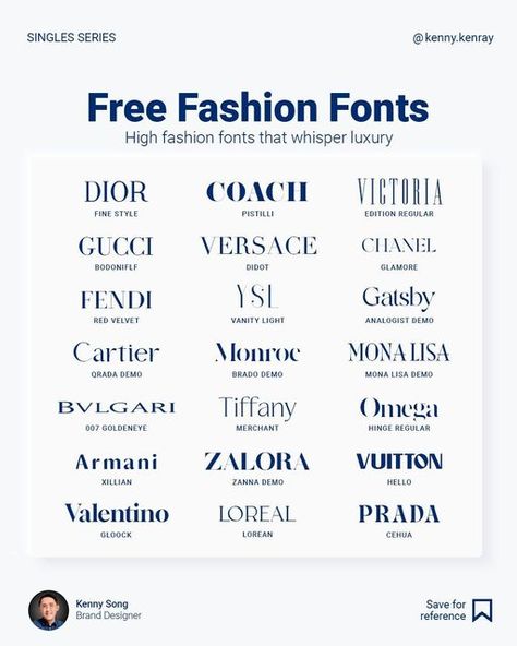 Vogue Font Canva, List Of Designer Brands, Fonts For Luxury Brands, Fashion Designer Name Ideas, Elegant Words Classy, Different Word Fonts, Fonts Clothing Brand, Luxury Brand Typography, Names For Fashion Brand