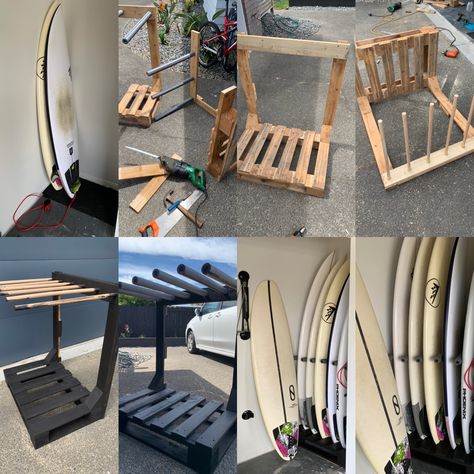 Recycled and rebuild my old wooden pallet surfboard rack. This is the V2 of the origonal rack still visible on Pintrist. Surf Board Storage Garage, Skate Board Rack Diy, Diy Surfboard Rack, Board Rack Diy, Surfboard Rack Wall, Surf Board Rack, Diy Surfboard, Surfboard Stand, Surfboard Storage