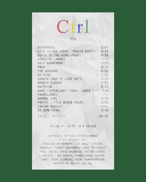 ALBUM RECEIPTS on Instagram: ““Ctrl” by SZA (@sza)” Album Receipts, Album Receipt, College Poster, 40k Followers, Film Posters Minimalist, Bedroom Wall Collage, Music Poster Design, Phone Wallpaper Quotes, Live Wallpaper Iphone