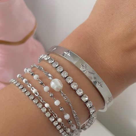 Bracelet stacks you never have to take off ⛓️ I’ve worn this stack every day without taking them off since October and LOOK how freaking perfect they are 🤩 all pieces are waterproof and tarnish free 💧 #silverbracelet #bangle #banglebracelet #tennisbracelet #jewellery #silverjewellery Layered Bracelets Silver, Silver Jewellery Stack, Silver Jewelry Stack, Half Tennis Bracelet, Silver Bracelet Stack, Gold Bracelets Stacked, Earring Inspo, Silver Jewlery, Bracelet Stacks