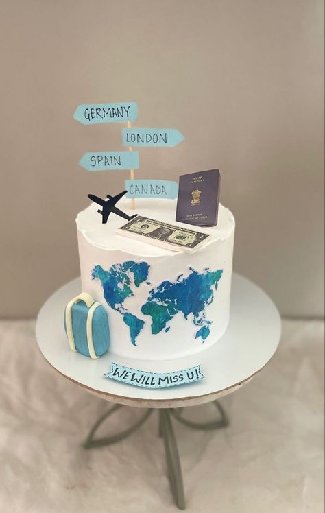 Travel Cakes Birthday, Traveling Theme Cake, Traveling Cake Ideas, Travel One Year Old Party, Globe Birthday Cake, Bon Voyage Cake Canada, Travel Themed Cakes, Travel Cake Design, Pilot Cake Ideas