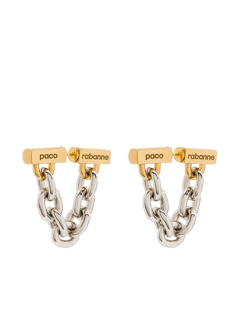 Shop Paco Rabanne Silver & Gold Xl Chain Link Earrings In Silver/ Gold from 400+ stores, starting at $290. Similar ones also available. On SALE now! Engraved logo bars connected by shining chain links make a contemporary statement on these mixed-finish, front/back earrings. Style Name: Paco Rabanne Logo Front/back Earrings. Style Number: 6163516. Front Back Earrings, Ear Pins, Link Earrings, Gold Engraving, Metal Engraving, Metal Chain Link, Engraved Logo, Paco Rabanne, Metal Earrings