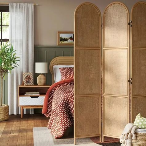 Maximize Small Spaces With These 20 Target Home Pieces Studio With Room Divider, Room Divider Styling, Partition Design Bedroom, Room Screen Dividers, Rattan Divider, Boho Room Divider, Room Seperator, Room Separator Ideas, Privacy Room Divider