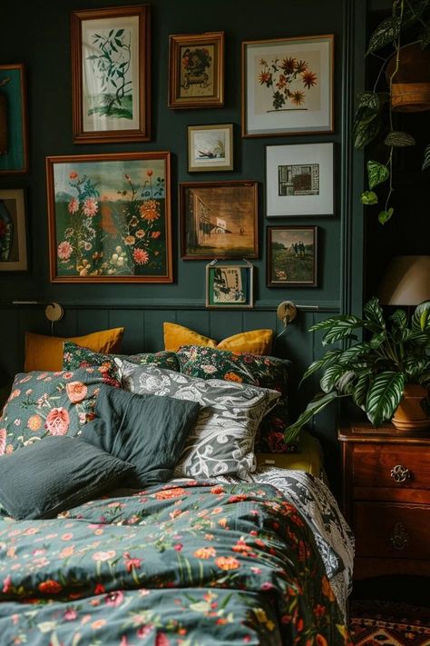 25 Maximalist Bedroom Ideas That Will Give You Sweet Dreams (And Maybe Nightmares) - sfor3 Green Maximalist Bedroom, Dark Sage Green Bedroom, Green Bohemian Bedroom, Dark Eclectic Bedroom, Green And Terracotta Bedroom, Masculine Boho Bedroom, Terracotta Bedroom Ideas, Masculine Boho, Dark Bedroom Decor