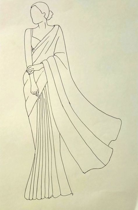 Saree Outline Sketch, Saree Design Drawing Sketches, How To Draw A Saree, Saree Sketch Design, Dresses To Draw Easy, Indian Fashion Croquis, Dress Design Drawing Indian, Saree Drawing Illustration, Dress Design Sketches Indian