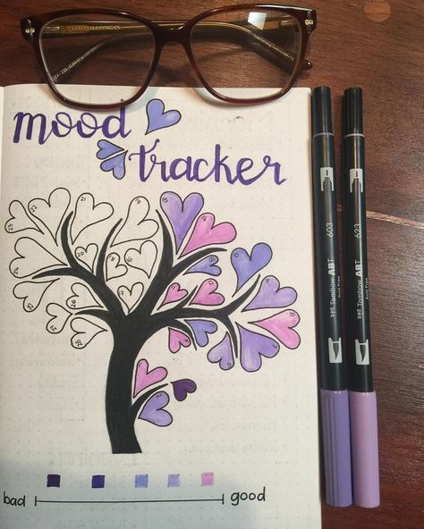 Bullet journal monthly mood tracker, tree with heart shaped leaves drawing. | @emandella Tree Mood Tracker, February Mood Tracker, Bullet Journal Work, Bullet Journal Ideas Templates, Creating A Bullet Journal, Bullet Journal Mood Tracker Ideas, Bullet Journal Paper, Bullet Journal Hacks, Bullet Journal Tracker