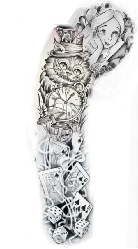 Tattoos For Women Sleeve, Alice In Wonderland Tattoo Sleeve, Disney Sleeve Tattoos, Alice And Wonderland Tattoos, Arm Sleeve Tattoos For Women, Full Leg Tattoos, Wonderland Tattoo, Tattoos For Women Half Sleeve, Leg Tattoos Women