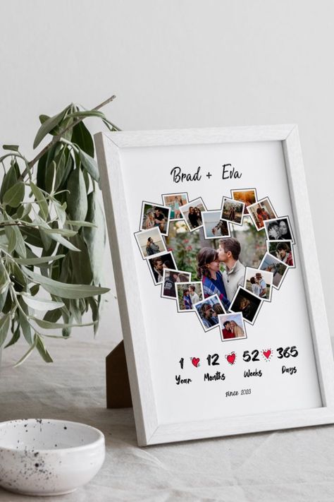 1st Anniversary Gifts For Him, Photo Collage Ideas, Heart Shaped Photo Collage, 1 Year Anniversary Gift, Anniversary Gift For Boyfriend, Anniversary Gift Diy, Collage Collage, Photo Collage Gift, 1 Year Anniversary Gifts