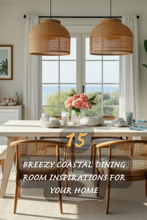 I'm in love with this serene coastal dining space! The natural light flooding in from the windows creates an airy atmosphere, complemented by beautiful rattan pendant lights. The soft color palette and fresh floral arrangement bring a touch of nature indoors, making it the perfect place for family gatherings or quiet meals. Check out these 15 breezy inspirations to elevate your own dining experience! Modern Coastal Dining Table, Coastal Dining Room Ideas, Coastal Dining Table, Japandi Dining Room, Driftwood Centerpiece, Rattan Pendant Lights, Coastal Dining Room, Neutral Carpet, Nautical Theme Decor