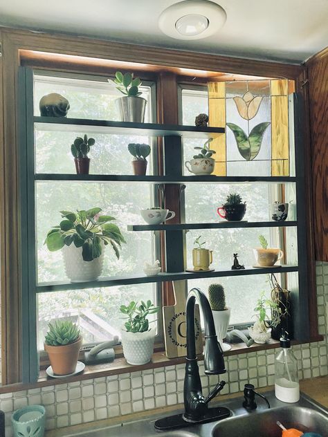 Window Sill With Plants, Small Space Plant Storage, Plant Window Shelf, Window Plant Shelves, Plants In Front Of Window, Shelves In Front Of Kitchen Window, Window Shelves For Plants, Diy Window Shelf, Window Plant Shelf