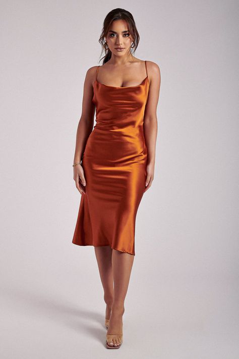 Tabitha Cowl Neck Midi Dress - Burnt Orange - MESHKI U.S Orange Dress Outfits, Orange Satin Dress, Orange Silk Dress, Burnt Orange Bridesmaid Dresses, Cowl Neck Midi Dress, Copper Dress, Orange Bridesmaid Dresses, Orange Midi Dress, Burnt Orange Dress