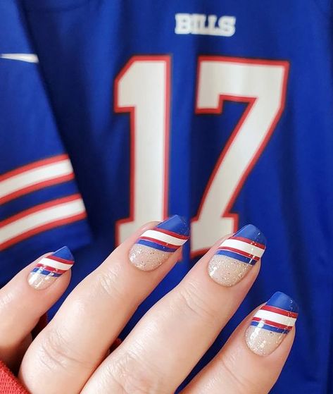 Danielle on Instagram: "❤💙 Hey ey ey ey! Let's Go Buffalo! . . . 💅🏽: Glittersweet, Greeking Out, Beijing Beauty & Swiss And Tell ✂️ . #letsgobuffalo #buffalobillsnails #buffalobills #billsmafia #billsmafiababes #colorstreet #colorstreetnailfies #BeColorful #BeBrilliant #BeColorStreet #LifesColorsByDani #colorstreetnailstrips" Buffalo Bills Manicure, Buffalo Bill Nails, Buffalo Bills Zubaz Nails, Buffalo Bills Nail Ideas, Football Season Nail Designs, Buffalo Bills Nails Design, Buffalo Nails, Bills Nails, Football Nails Design