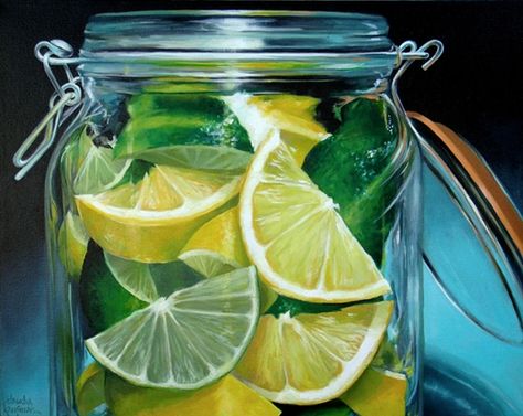 Claudia Kaufman Jar Oil Painting, Pickle Drawing, Art Igcse, Food References, Food Paintings, Hyperrealistic Art, Lemon Pickle, Still Life Artists, Reflection Painting