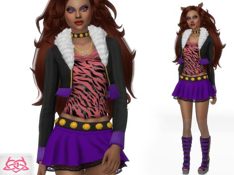 Monster High - Clawdeen hairstyle, boots, necklaces,ears, rings, outfit  Found in TSR Category 'Sims 4 Sets' Sims 4 Cc Clawdeen Wolf, Clawdeen Outfit, Clawdeen Wolf Outfit, Wolf Monster, Monster High Ghoulia, Los Sims 4 Mods, Zebra Shirt, Monster High Clothes, Wolf Costume