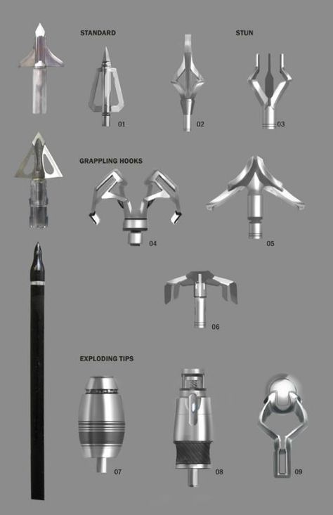 Detailed concept art of Hawkeye's arrow tips Arrow Heads, Crossbow Hunting, Nunchucks, Archery Bows, Archery Bow, Bow Arrows, Concept Artist, Green Arrow, Crossbow