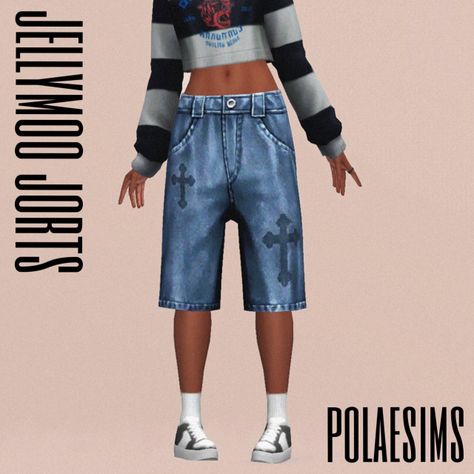 Jellymoo Jorts Conversion Sims 4 To 3 Conversions, Sims 4 Cas Background, Sims 4 Female Clothes, Sims 3 Clothes, Cas Background, Overlap Top, Sims 4 Cc Female, Female Pants, Big Shorts