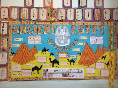 Ancient Egypt Yr 4 Classroom Display Ancient History Bulletin Boards, Egypt Bulletin Board Ideas, Egyptian Classroom Display, Ancient Egypt Ks2, Ancient Egypt Display Ks2, Egyptian Display Ks2, Poster Board Ideas School Project Egypt, Ancient Egypt Art For Kids, Ancient Egypt Classroom Display