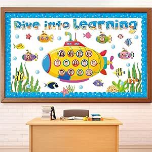 Justforjoyful Under The Sea Bulletin Board Classroom Decoration Dive Into Learning Sea Animal Summer Ocean Bulletin Board Sets Submarine Tropical Fish Cutouts for School Chalkboard Wall Supplies Submarine Bulletin Board Ideas, Fish Bulletin Board Ideas, Ocean Bulletin Board Ideas, Sea Animals Classroom Decor, Ocean Welcome Bulletin Board, Ocean Theme Preschool Classroom Bulletin Boards Under The Sea, Dive Into Learning Bulletin Board, Sea Bulletin Board, Ocean Bulletin Board