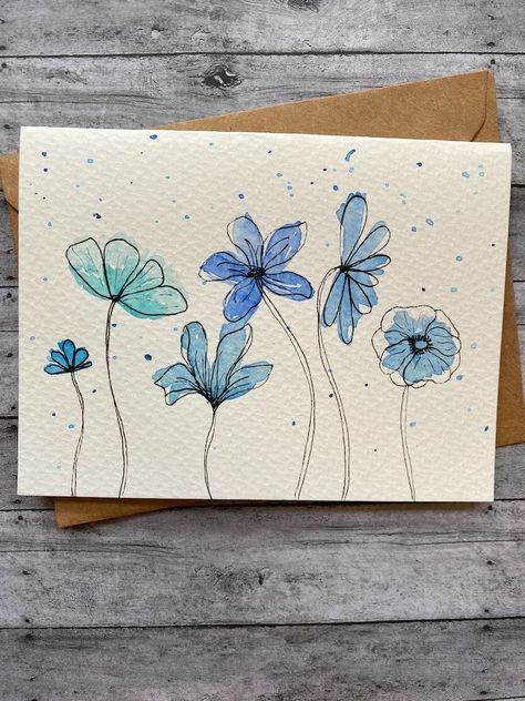 Doodle With Watercolor, Beautiful Card Ideas, Aquarel Art, Blue Birthday Card, Birthday Card Watercolor, Watercolor Stationary, Beautiful Birthday Card, Blue Cards, Card Watercolor