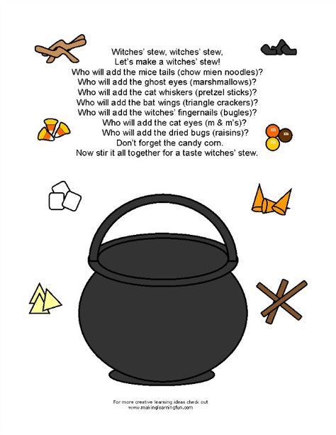 Witches' Stew - A Fun Activity and Treat for Kids (she: Brooke) Halloween Lesson Plans, Halloween Lesson, Room On The Broom, Halloween Week, Halloween Songs, Teacher Activities, Learning Printables, Halloween Preschool, Witches Brew