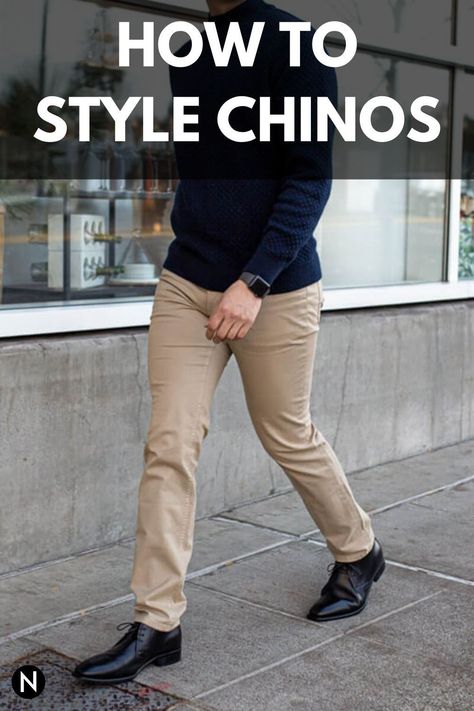 Chinos aren’t as formal as trousers but more formal than jeans. They can be dressed up or down. Here’s your complete guide to choosing and wearing chinos. #chinos #menswear #mensstyle #fashion Khaki Chinos Men Outfits, Brown Chinos Men Outfits, Chinos Men Outfit, Burgundy Chinos, Stone Chinos, Best Chinos, Khaki Pants Outfit, Brown Chinos, Best Pants