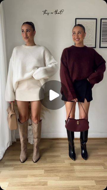 Sophie Apps on Instagram: "Same but different 🍂 @hm mohair jumpers - this or that??? Which colour would you choose 🤍🍇

Both skorts are @zara 
Cream 3152/536
Black 1971/229 
Both boots are H&M" Black Instagram, Mohair Jumpers, Same But Different, Minimal Wardrobe, Jumper Outfit, Skorts, You Choose, Fall Outfits, Jumper