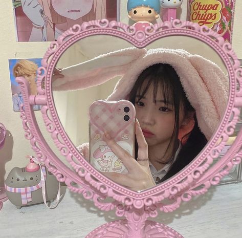 cute asian girl pastel pink bunny hoodie heart mirror kawaii my melody girly pretty makeup inspo inspiration A Girl, Mirror Selfie, Mirror, Pink, Kawaii