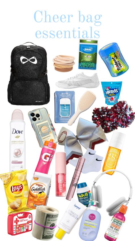 #cheer#bag#essentials Cheer Bag Essentials, Cheer Good Luck Pins, Dance Competition Bag, 7th Grade Tips, School Locker Organization, Cheerleading Bags, Cheer Backpack, Cheer Hacks, School Backpack Essentials