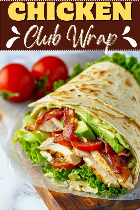 This easy chicken club wrap is the definition of delicious! With chicken, tomatoes, lettuce, avocado, bacon, and a creamy sauce, it's a classic sandwich in wrap form. Ground Chicken Wrap Recipes, Chicken Club Wrap Recipes, Grill Chicken Wraps Recipes, Club Sandwich Wrap Recipes, Chicken Wrap Dressing, Chicken Blt Wraps, Chicken Spinach Wrap Recipes, Cold Chicken Wraps, Wrap Dinner Ideas