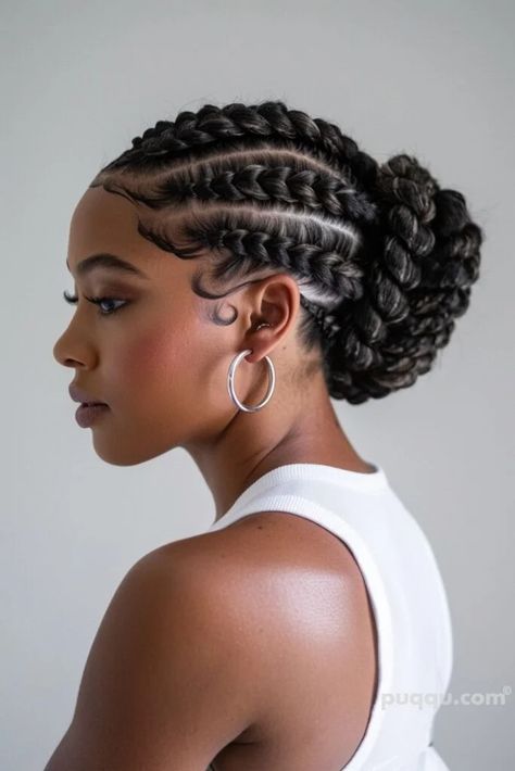 Black Braids Updo Hairstyles, Plait Braids For Black Women, African Updo Hairstyles, Feminine Natural Hairstyles Black Women, Hairstyles For Black Women Curly Hair, Braid In A Bun, Feed In Ponytail Braids, Up Do Braids, Braided Bun For Black Women