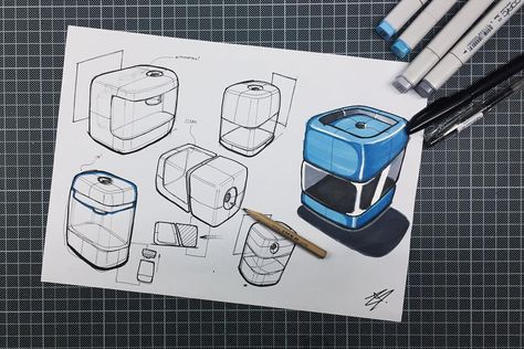 Reinterpretation of the sharpener on my desk, quick ideas and rendering practice! #sketch #idsketch #idsketches #design #industrialdesign… Industrial Design Artwork, Sharpener Sketch, Object Drawings, Industrial Sketching, Rendering Practice, Industrial Drawing, Product Drawing, Product Sketches, Basic Sketching