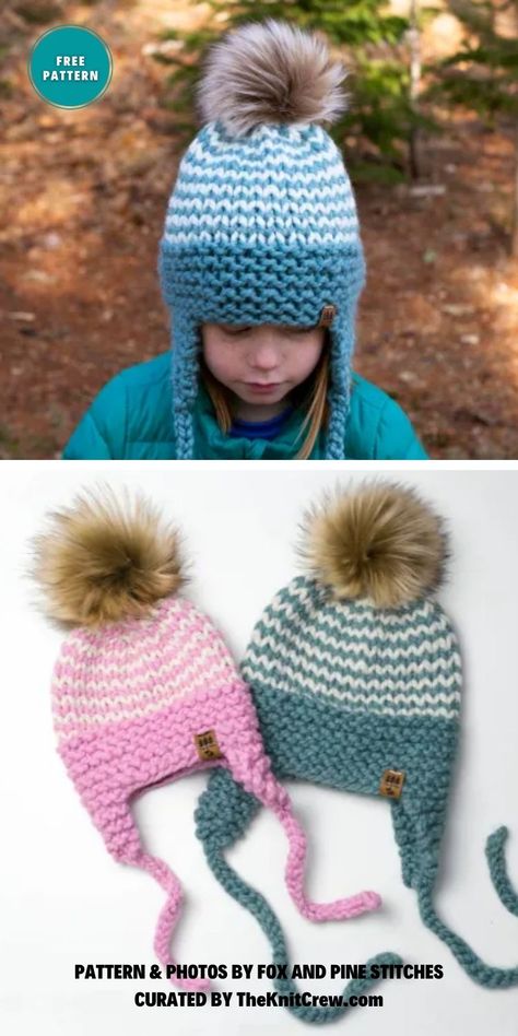 Make perfect knitted ear flap hats for winter with this roundup of knitting patterns with direct links and credit by The Knit Crew. Crochet Kids Ear Flap Hat Pattern Free, Earflap Hat Knitting Pattern, Knit Hat With Earflaps, Crochet Hat Earflap, Hats For Winter, Ponytail Streamer, Hat With Ears, Earflap Beanie, Crochet Winter Hats