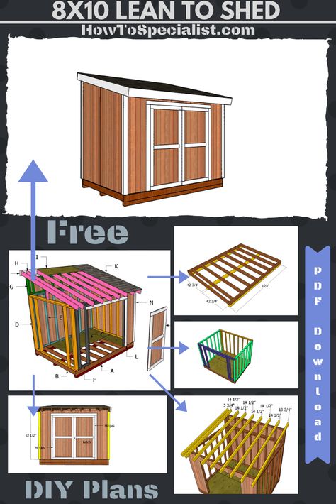 Easy to follow tutorial on how to build a 8x10 lean to shed. This shed makes for the perfect addition to the backyard, as it features double front doors for an easy access. PDF Download and Print friendly. Full Cut & Shopping lists included. #shed #leantoshed #gardenshed Diy 8x10 Shed, 8x10 Lean To Shed Plans, Simple Shed Plans Easy Diy, Diy Shed Plans 8x10, How To Build A Shed Cheap Easy Diy, Diy Shed Cheap Easy, Farm Organization, Lean To Storage Shed, Lean To Storage