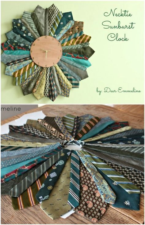 Retro Inspired Sunburst Necktie Clock ~ I like this....I think it would be wonderful as a Christmas Tree skirt! Old Neck Ties, Diy Necktie Projects, Necktie Quilt, Tie Pillows, Sunburst Clock, Necktie Crafts, Tie Ideas, Old Ties, Tie Crafts