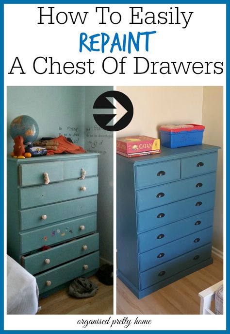 I love how easy it is to change the look of your existing painted furniture by repainting it.  Painted chest of drawers in Fusion Mineral Paint for a shared boys bedroom makeover.  Before and after.  The dresser was originally painted with Annie Sloan Chalk paint.  Simple budget DIY project idea.  - Organised Pretty Home #paintedfurniture #chestofdrawers #kidsfurniture #boysroom #boysbedroom #boysbedroomideas #sharedroom #repaint #repainting #fusionmineralpaint #easydiy #kidsstorage Painting Drawers, Bedroom Makeover Before And After, Painting Kids Furniture, Chest Of Drawers Makeover, Before And After Furniture, Repainting Furniture, Boys Bedroom Furniture, Grey Bedroom Furniture, Boys Bedroom Makeover