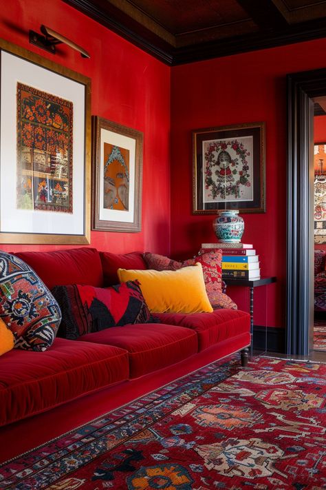 18 Unique Red Wall Decor Ideas To Transform Your Space - DreamyHomeStyle Red Boho Decor, Red Themed Living Room, Red Painted Room, Red Wall Collage, Red Living Room Walls, Indian Style Living Room, Rouge Aesthetic, Red Couch Living Room, Red Living Room Decor